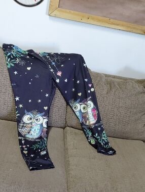 Black Owl Print Leggings with Colorful Heart & Star Details